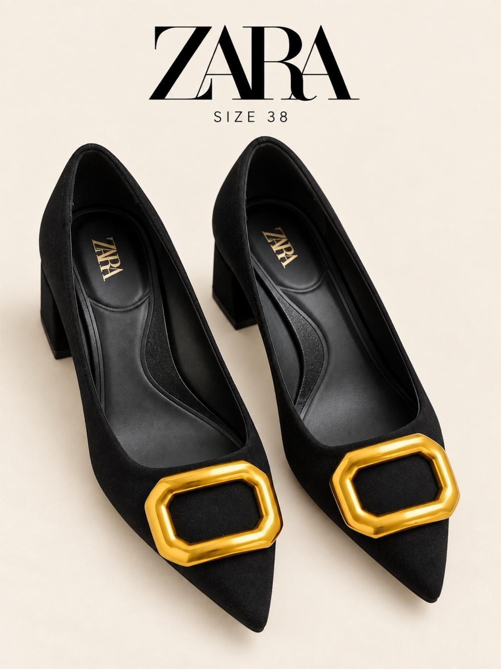 Zara Elegant Black With Bold Gold Buckle Pumps, Size 38
